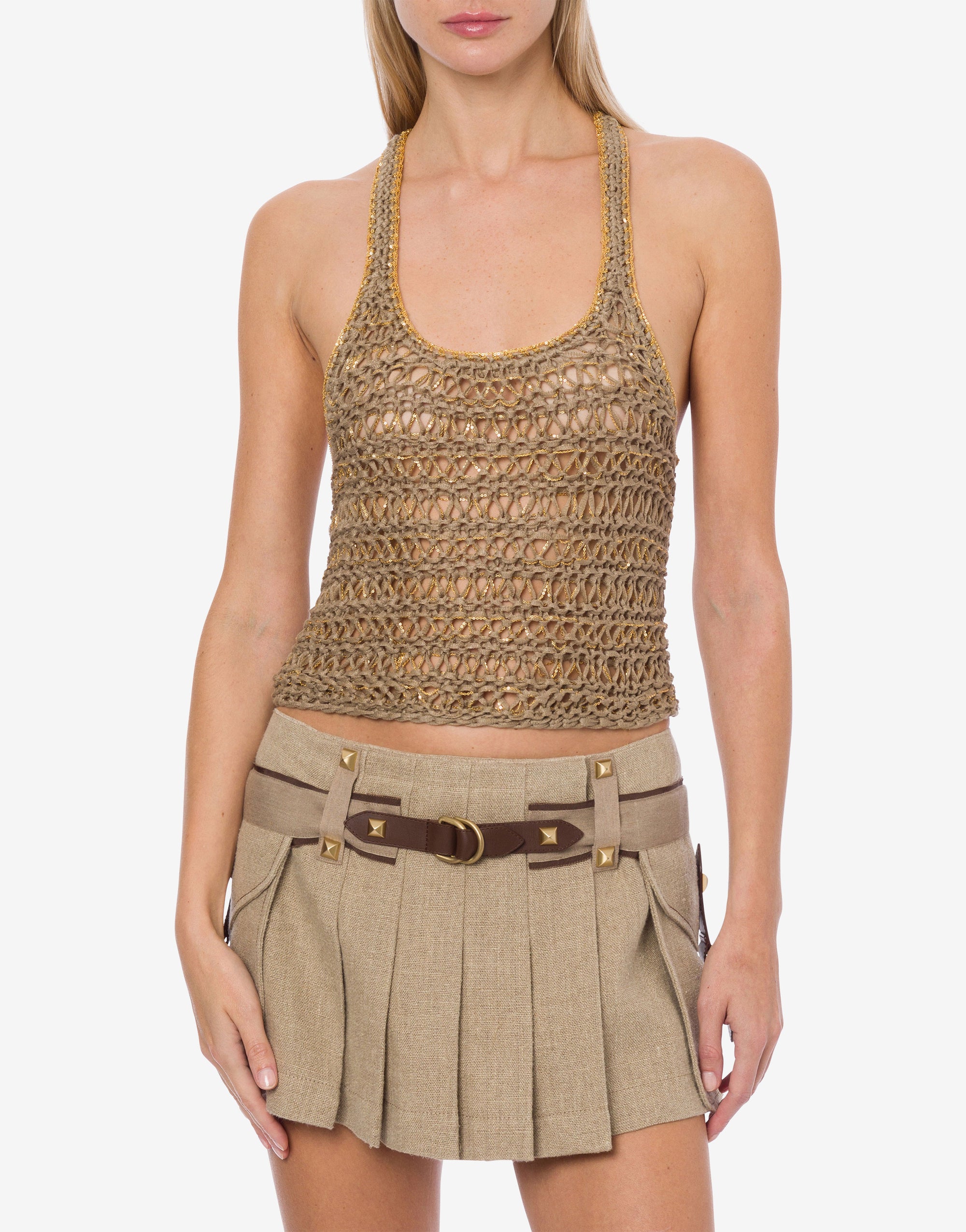 Top court en lin et chaînette dorée - Beige