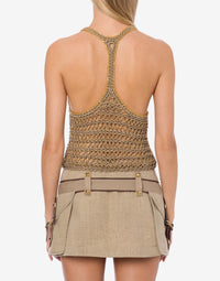 Top court en lin et chaînette dorée - Beige