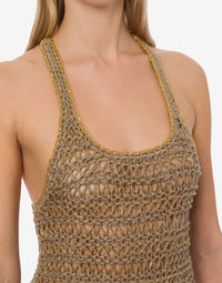 Top court en lin et chaînette dorée - Beige