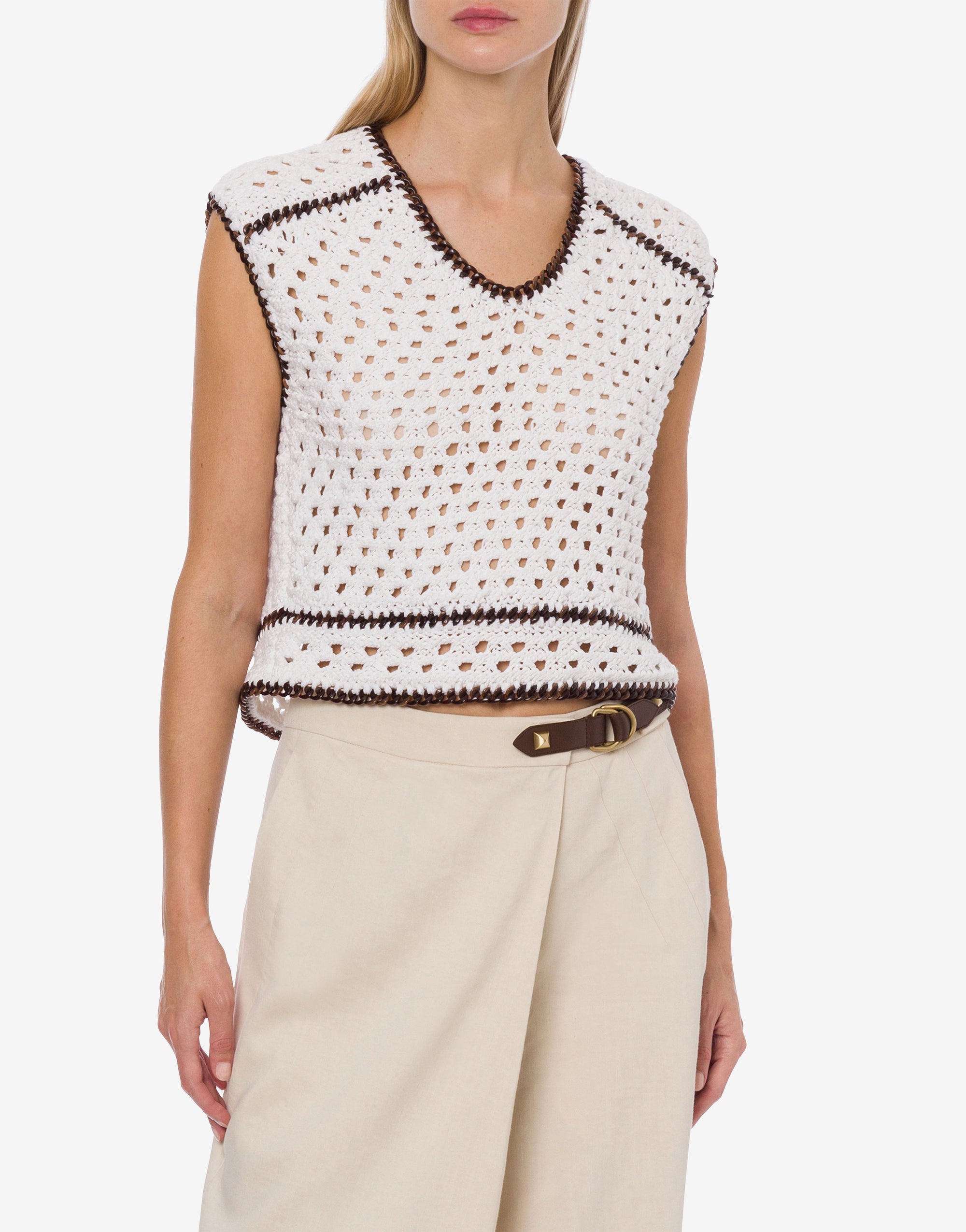 Top court crochet en rubans de lin - White