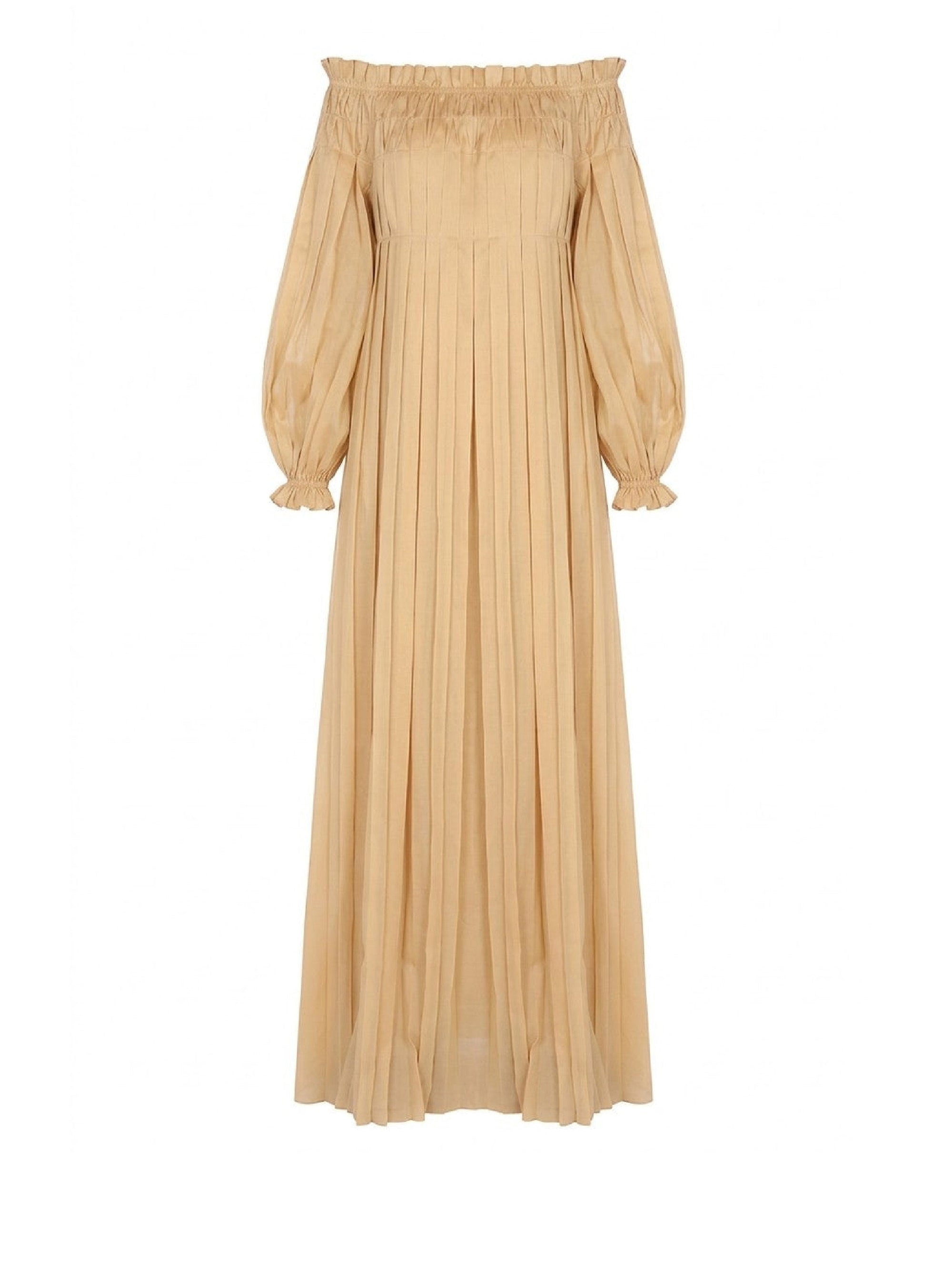 Robe longue en coton plissé - Beige