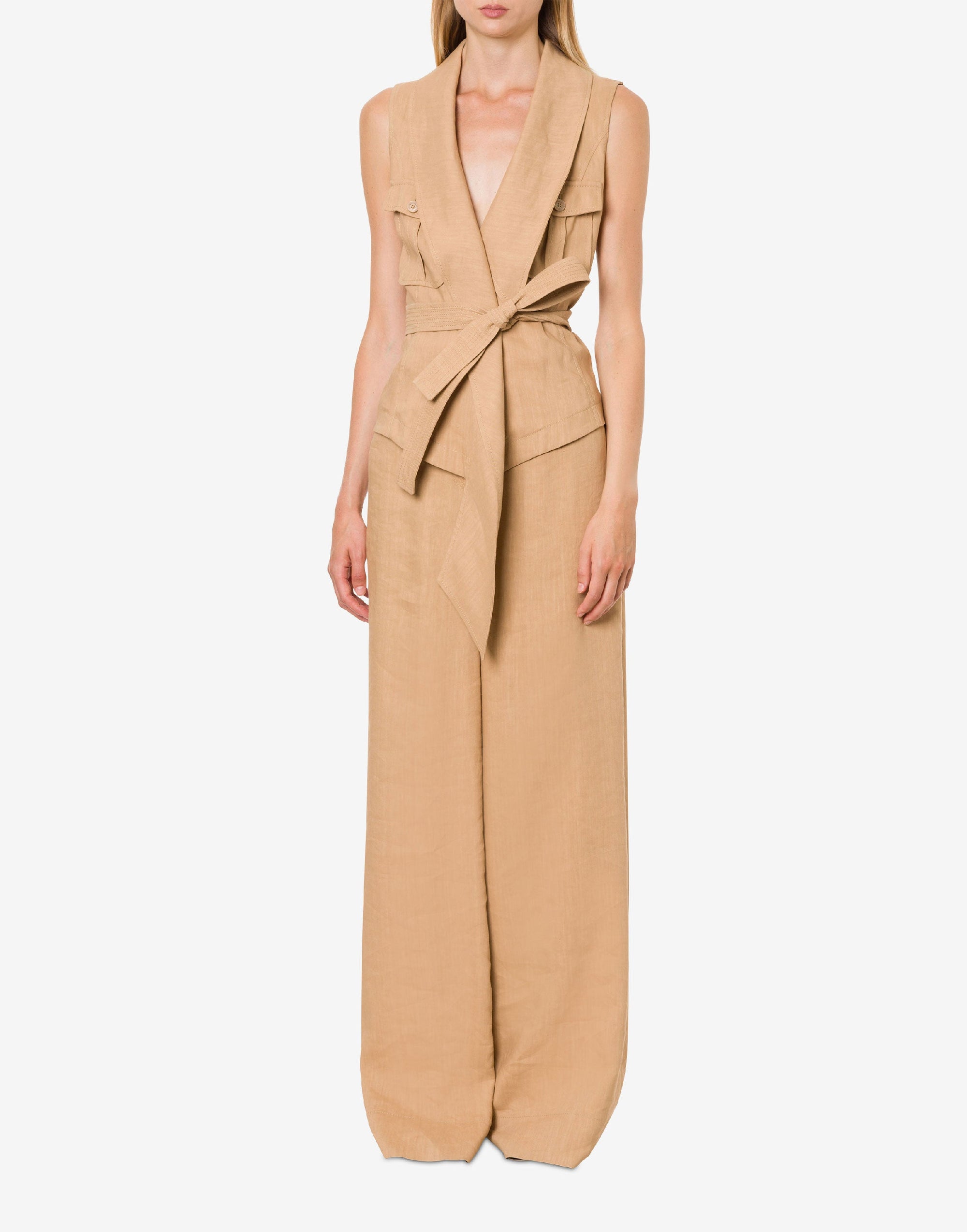 Pantalon en lin stretch à jambe large - Beige