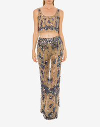 Pantalon en tulle avec sequins et perles - Beige