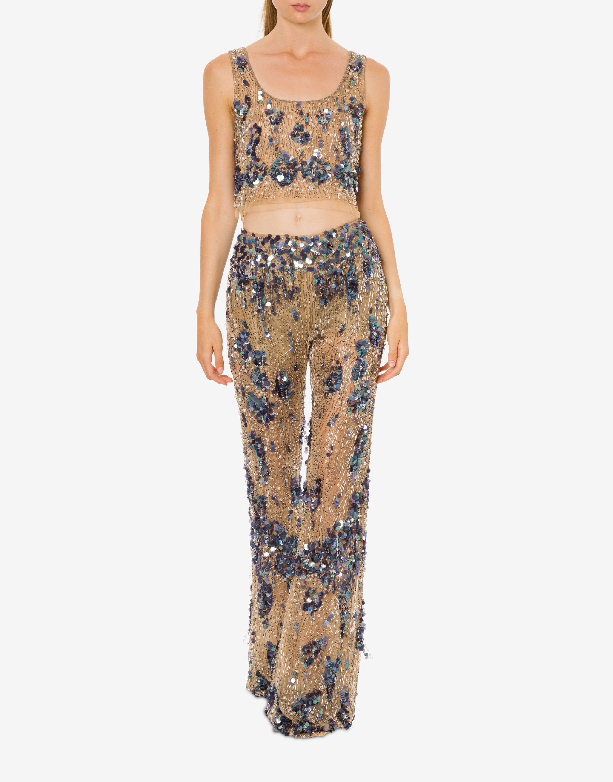 Pantalon en tulle avec sequins et perles - Beige