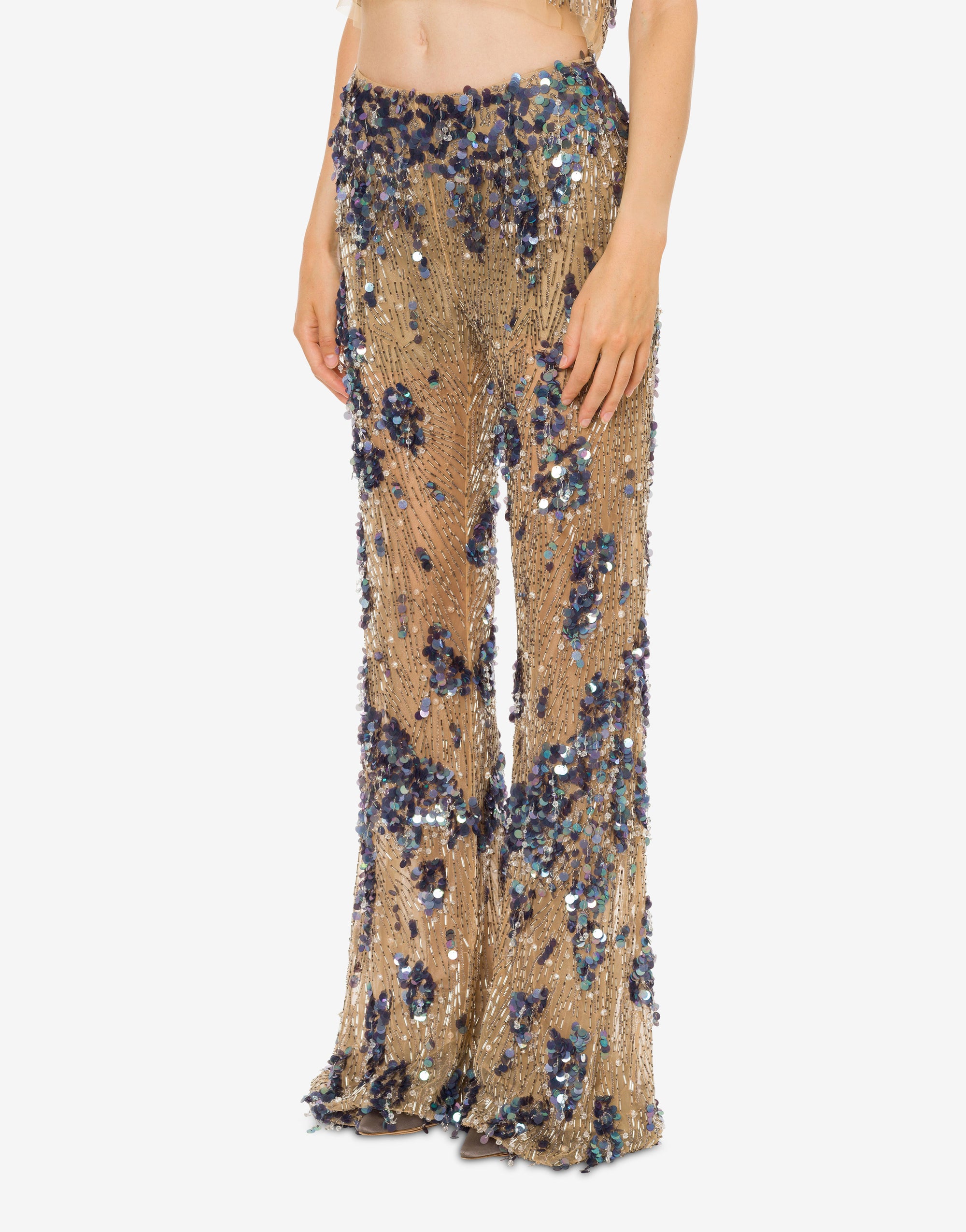 Pantalon en tulle avec sequins et perles - Beige