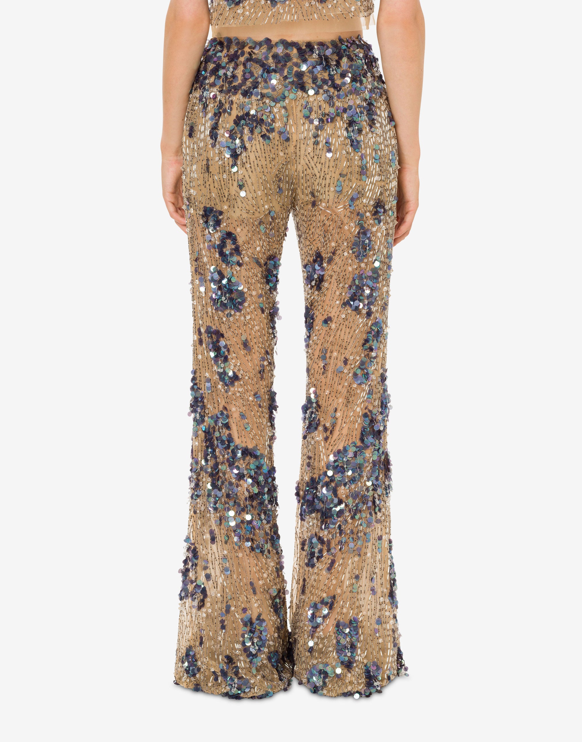 Pantalon en tulle avec sequins et perles - Beige