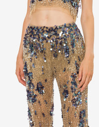 Pantalon en tulle avec sequins et perles - Beige