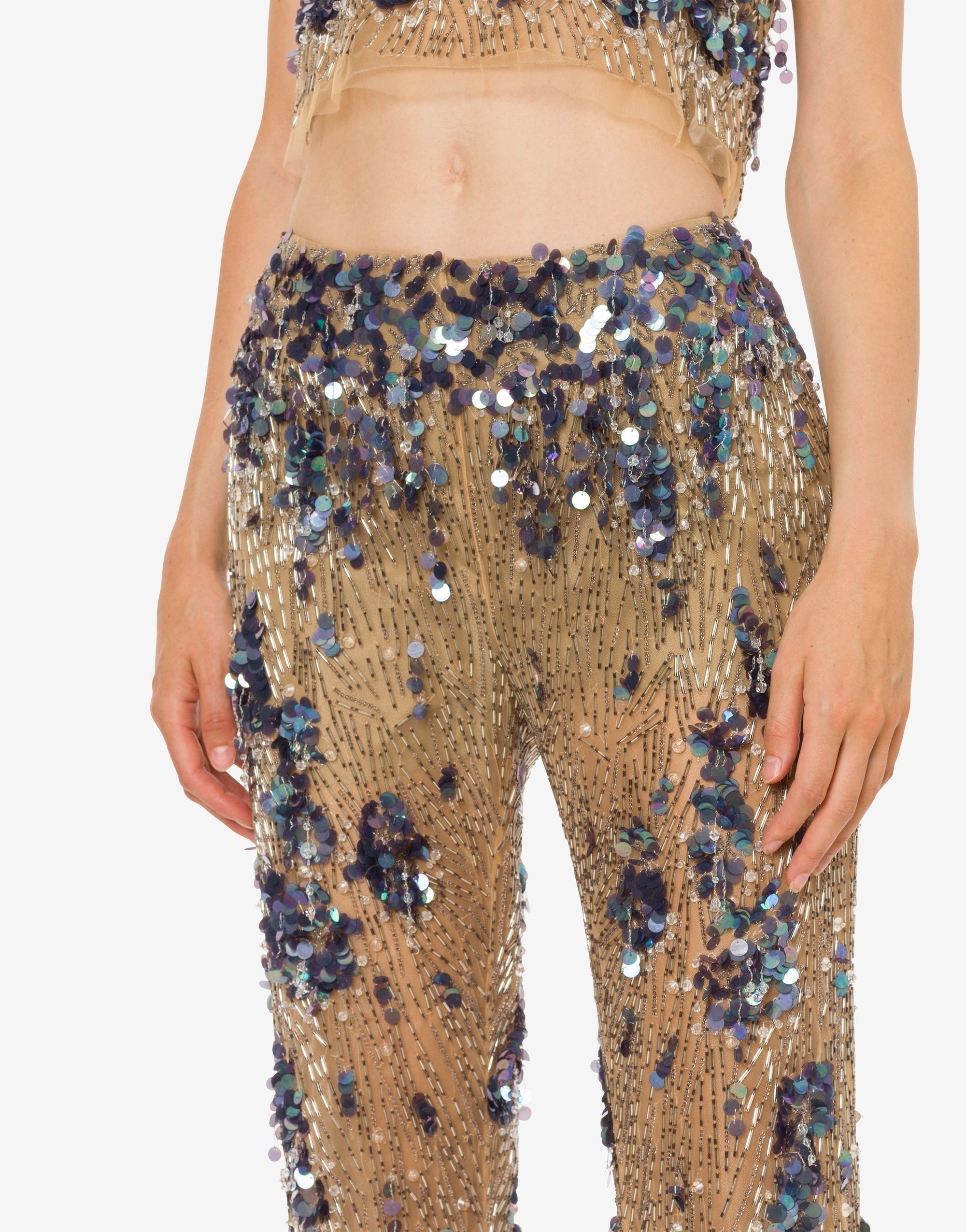 Pantalon en tulle avec sequins et perles - Beige