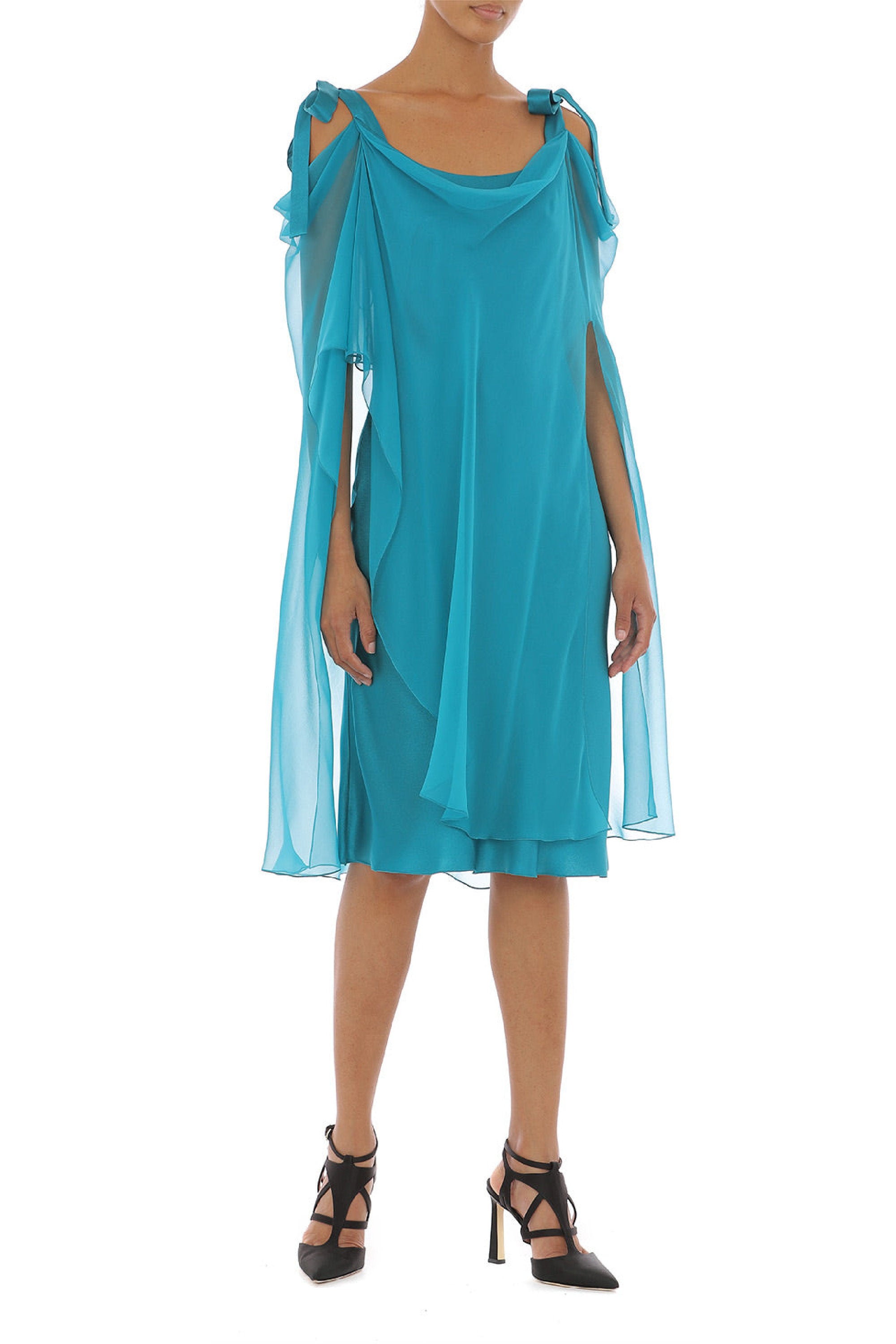 Robe longue en soie à drapé fluide - Green & Light Blue