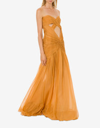 Robe longue en soie avec découpe - Brown & Yellow