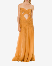 Robe longue en soie avec découpe - Brown & Yellow