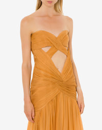 Robe longue en soie avec découpe - Brown & Yellow