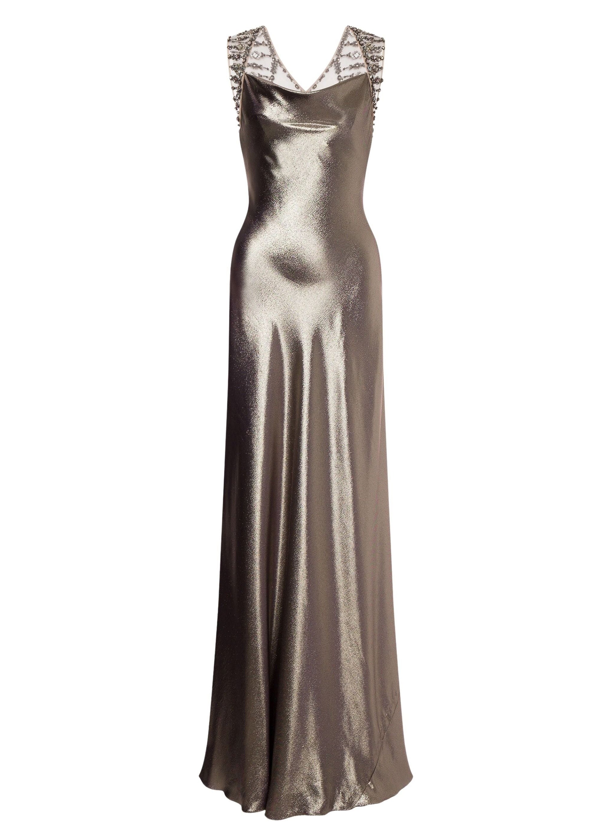 Robe longue en soie lurex avec broderie - Silver