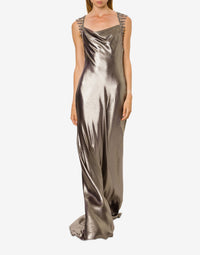 Robe longue en soie lurex avec broderie - Silver