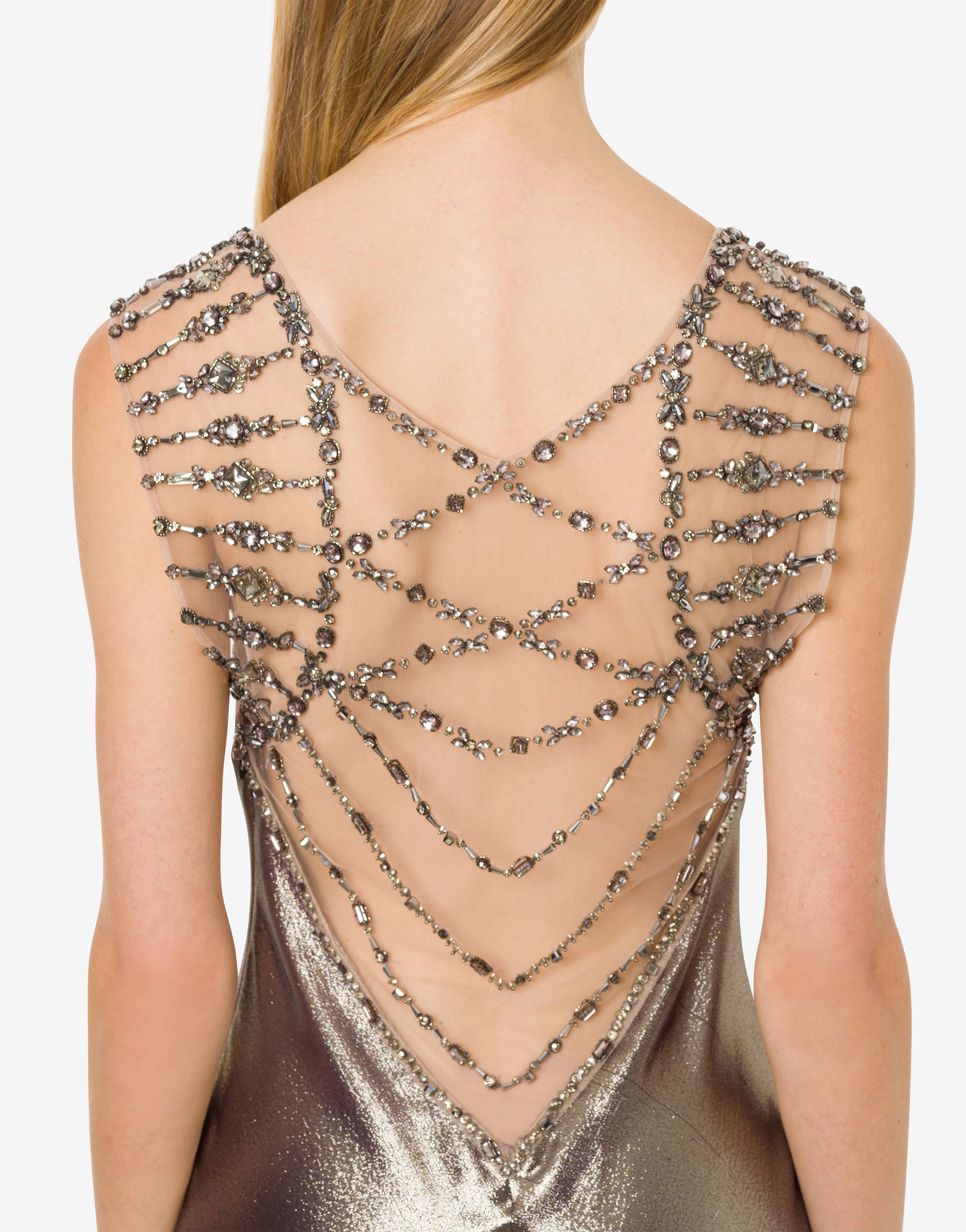 Robe longue en soie lurex avec broderie - Silver