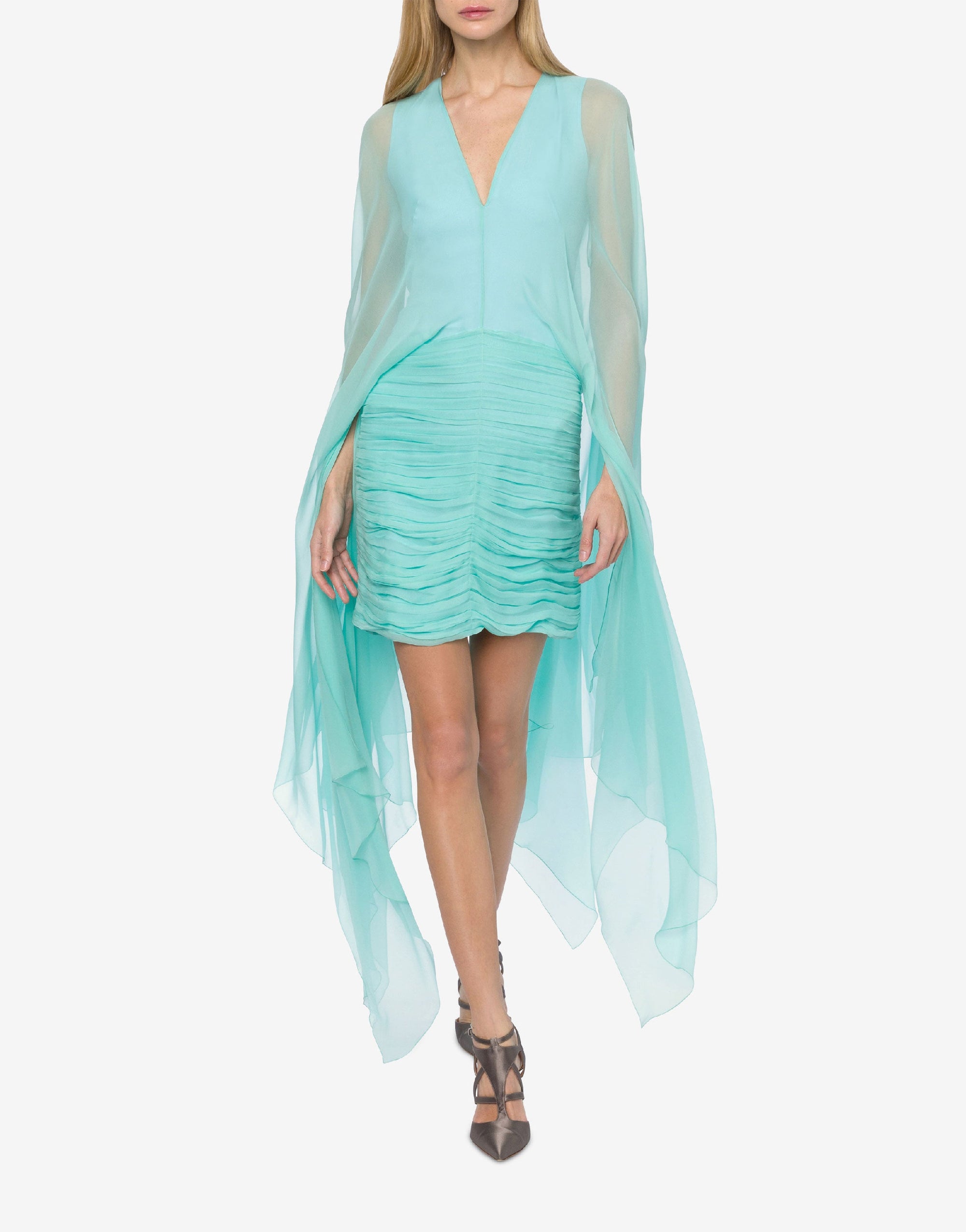 Robe courte à cape en mousseline de soie - Light Blue