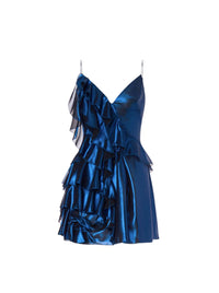 Robe courte en mousseline de soie lamée avec volants - Blue