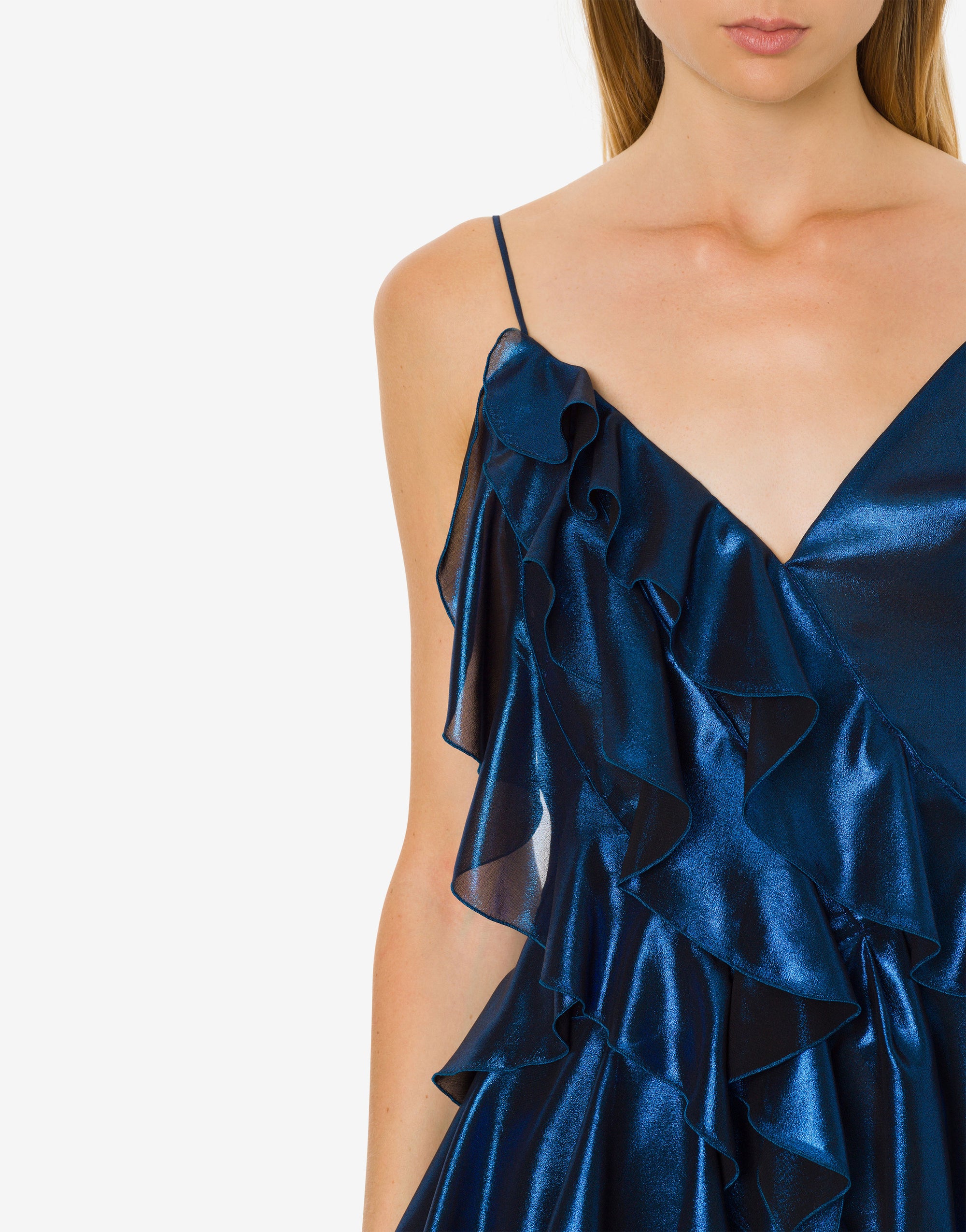 Robe courte en mousseline de soie lamée avec volants - Blue