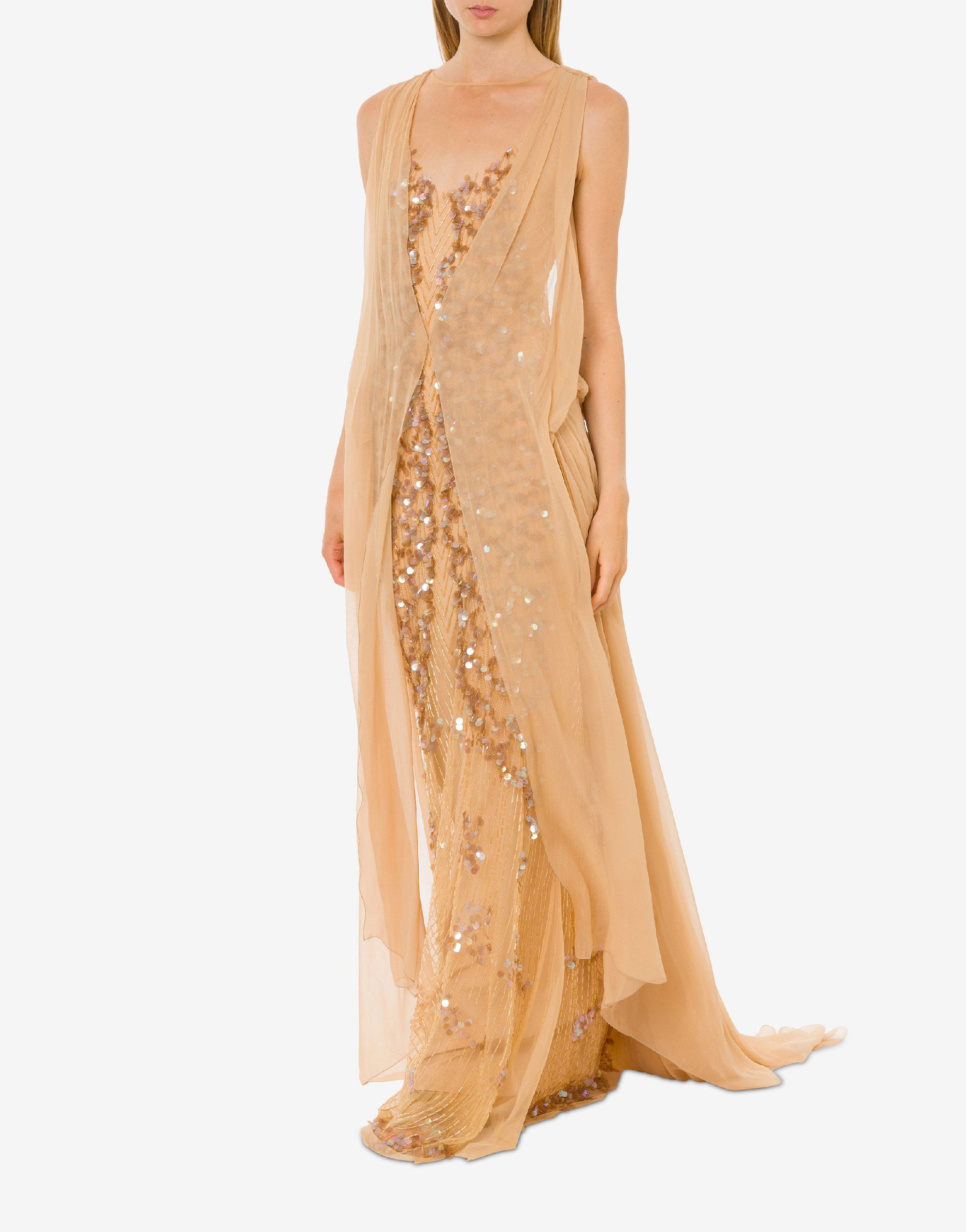 Sequin and chiffon maxi dress - Beige