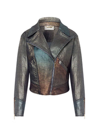 Veste de motard en denim laminé dégradé - Multicolor & Grey