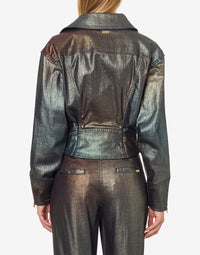 Veste de motard en denim laminé dégradé - Multicolor & Grey
