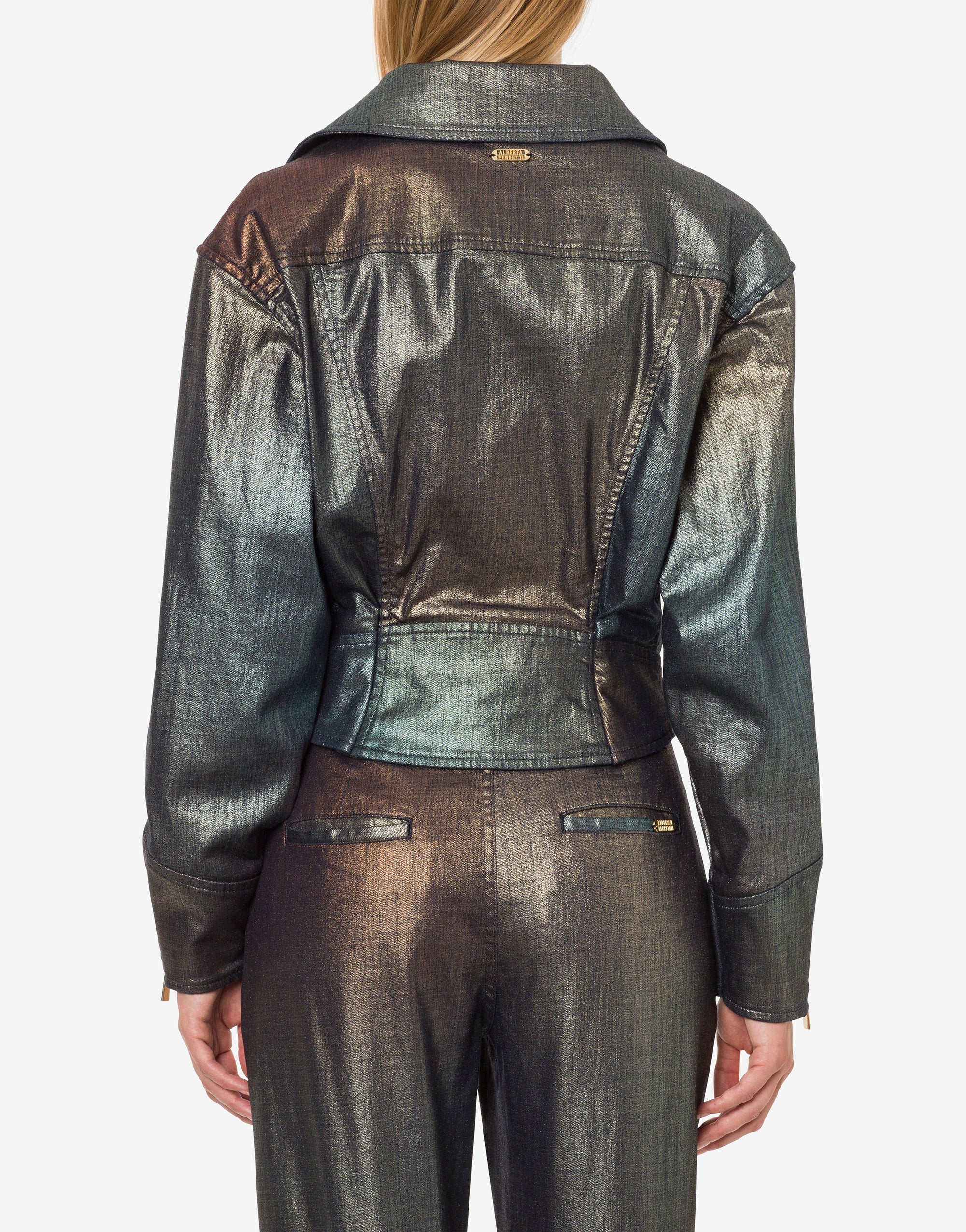 Veste de motard en denim laminé dégradé - Multicolor & Grey