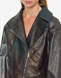 Veste de motard en denim laminé dégradé - Multicolor & Grey
