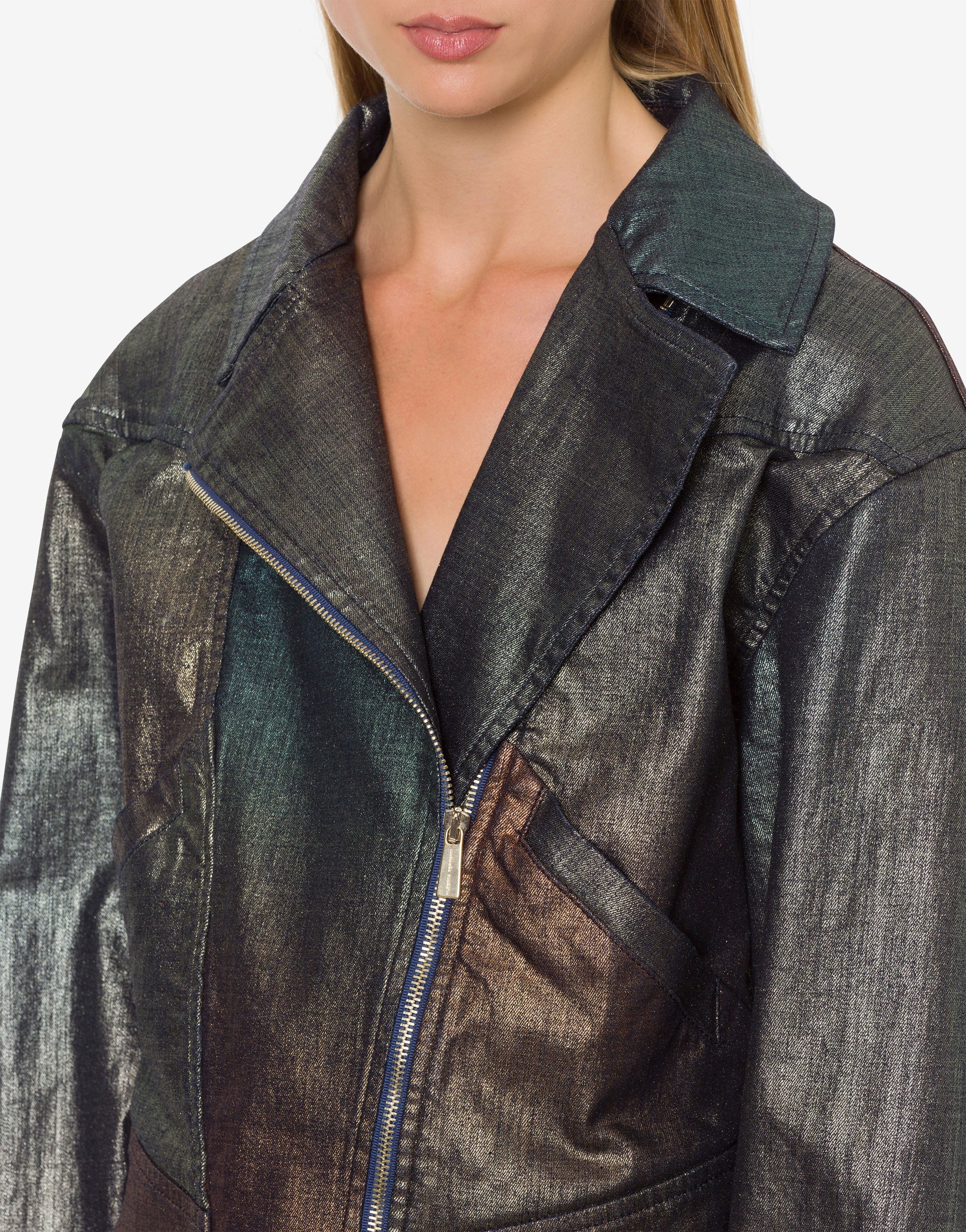 Veste de motard en denim laminé dégradé - Multicolor & Grey