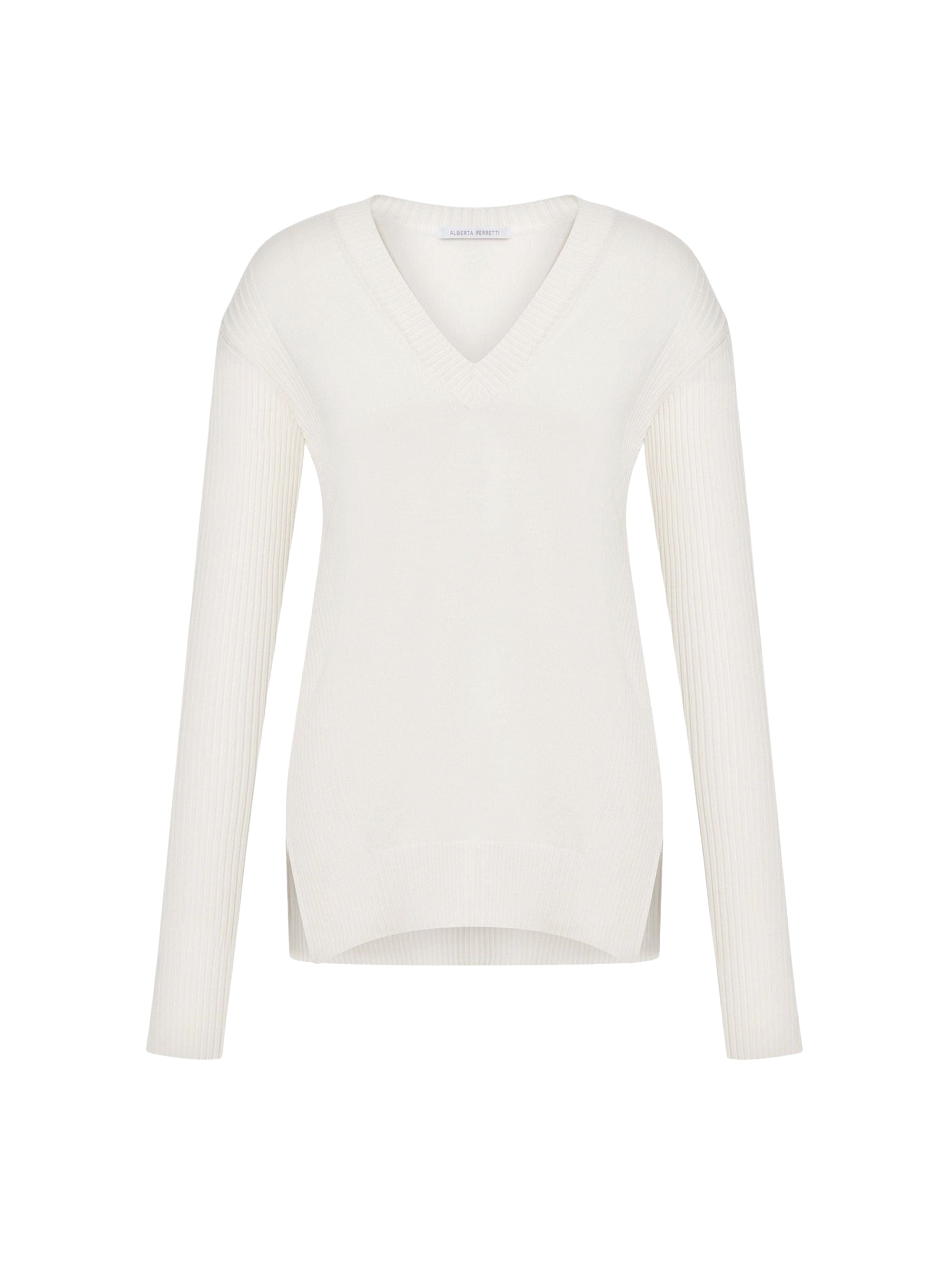 Pull col en v en soie et cachemire - White