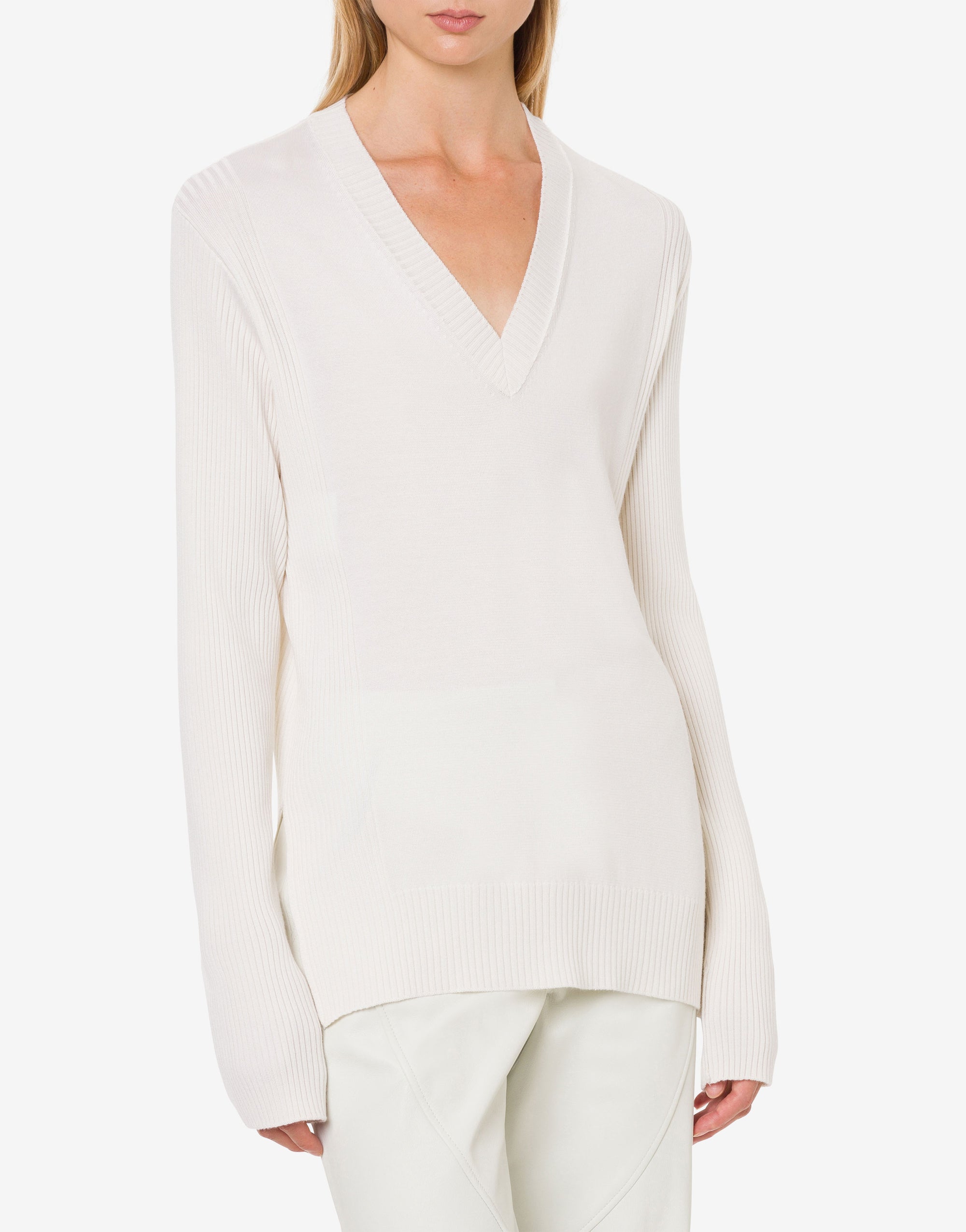 Pull col en v en soie et cachemire - White