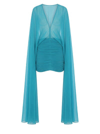 Robe courte à cape en mousseline de soie - Green & Light Blue