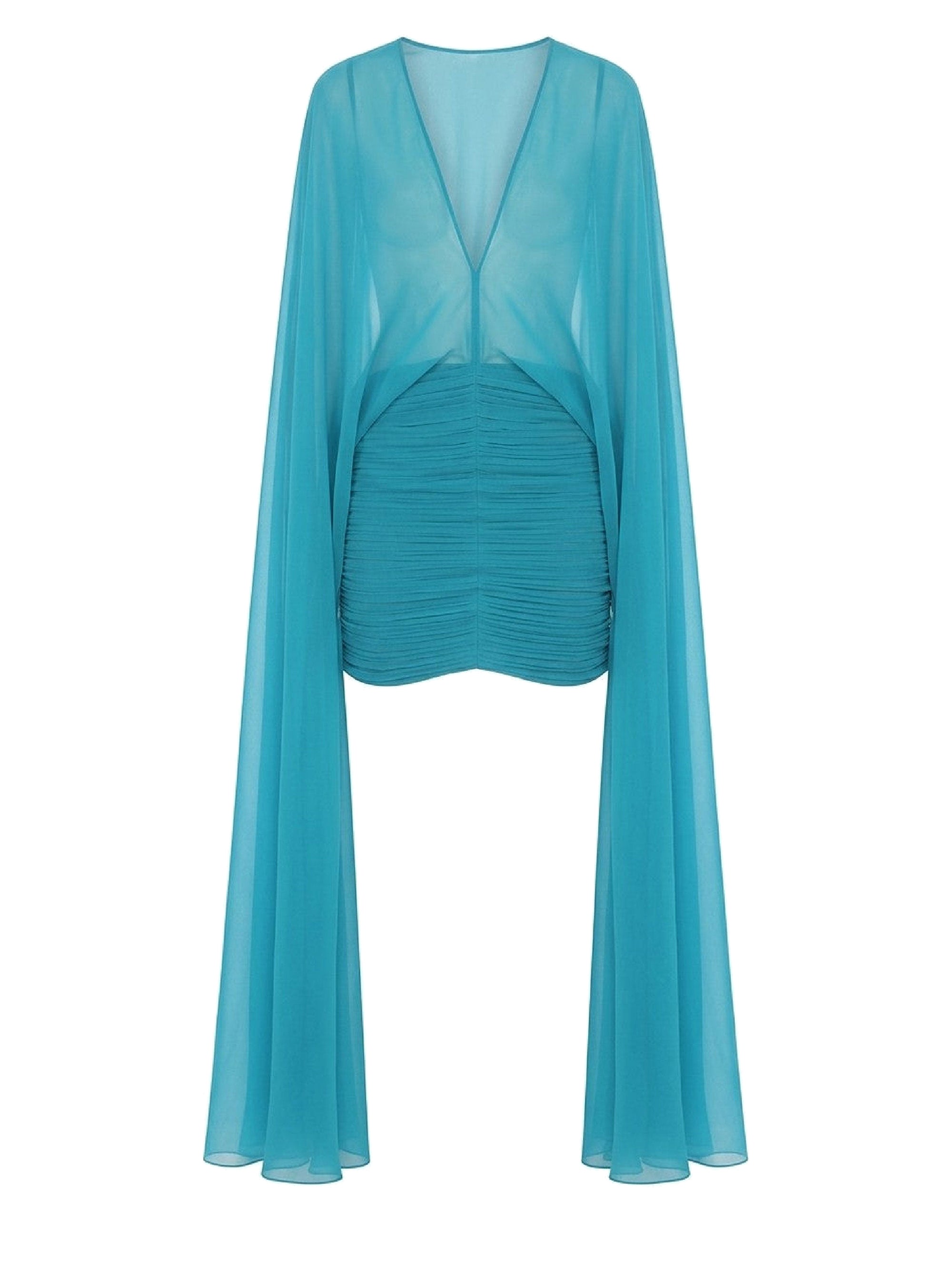 Robe courte à cape en mousseline de soie - Green & Light Blue