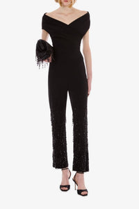 Pantalon en laine extensible avec franges perlées - Black