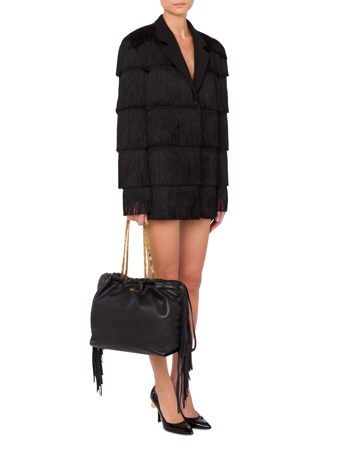 Mini Lettering shopper with fringes - Black