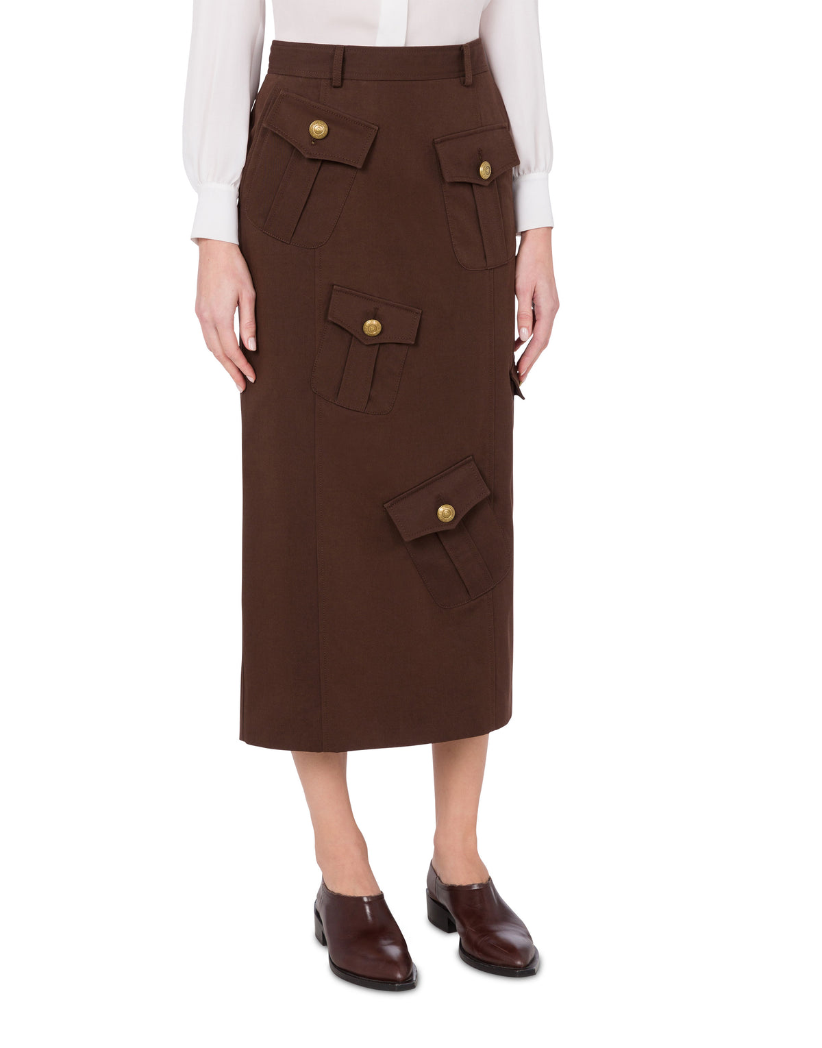 Jupe midi droite en gabardine de coton et laine - Brown