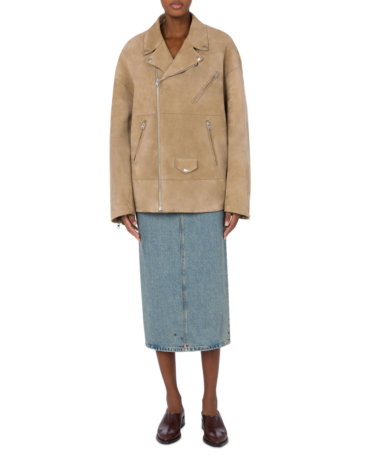 Oversized suede biker jacket - Beige