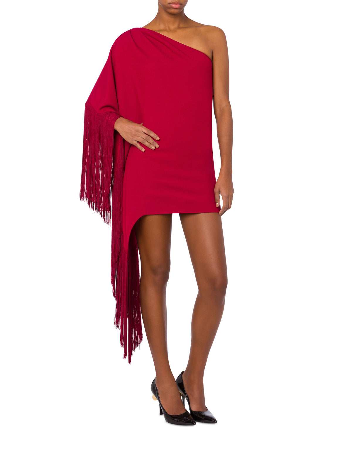 One-shoulder dress with fringes - Red