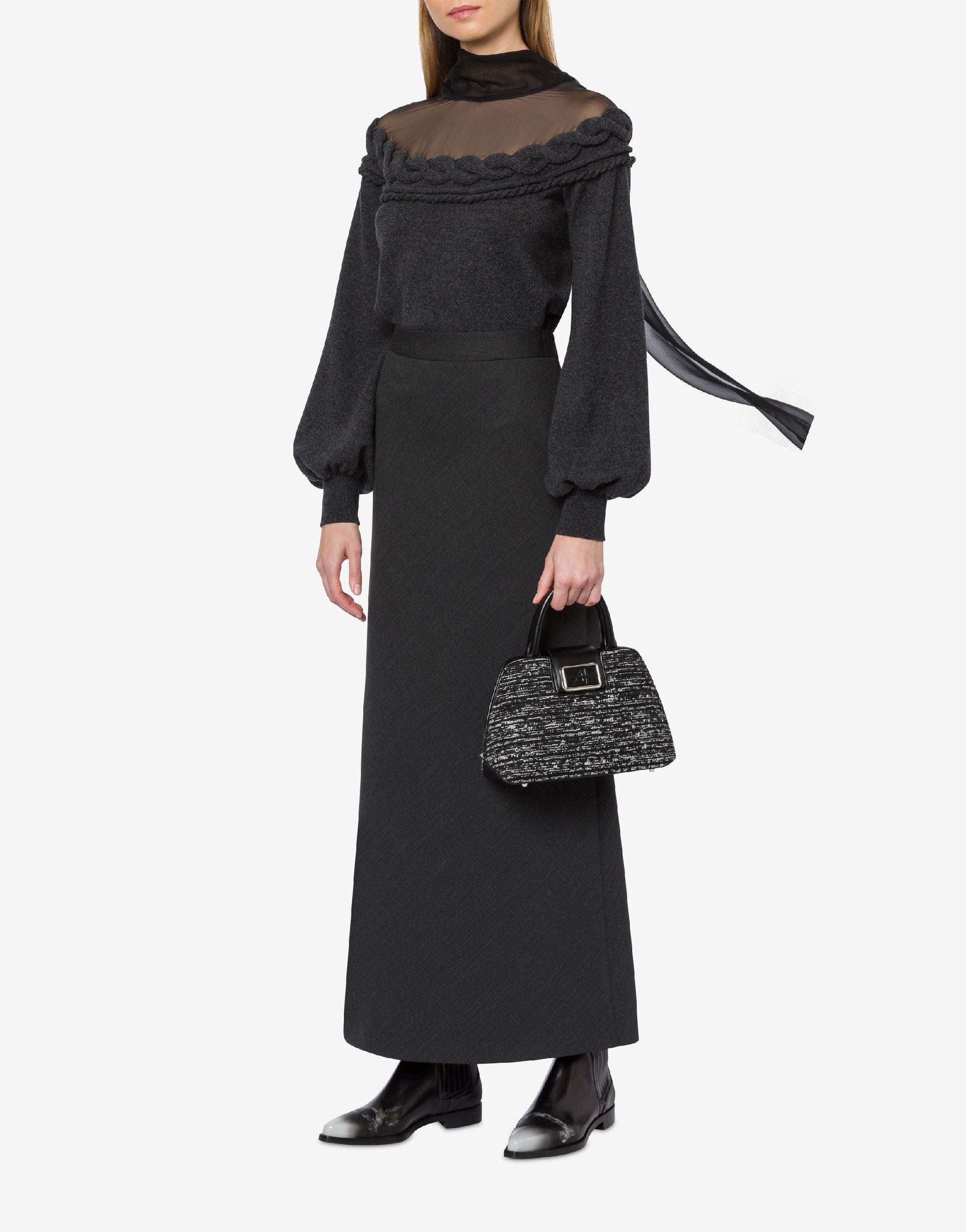 Long skirt in stretch wool twill - Dark Grey