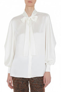 Chemise en soie mélangée avec col lavallière - White