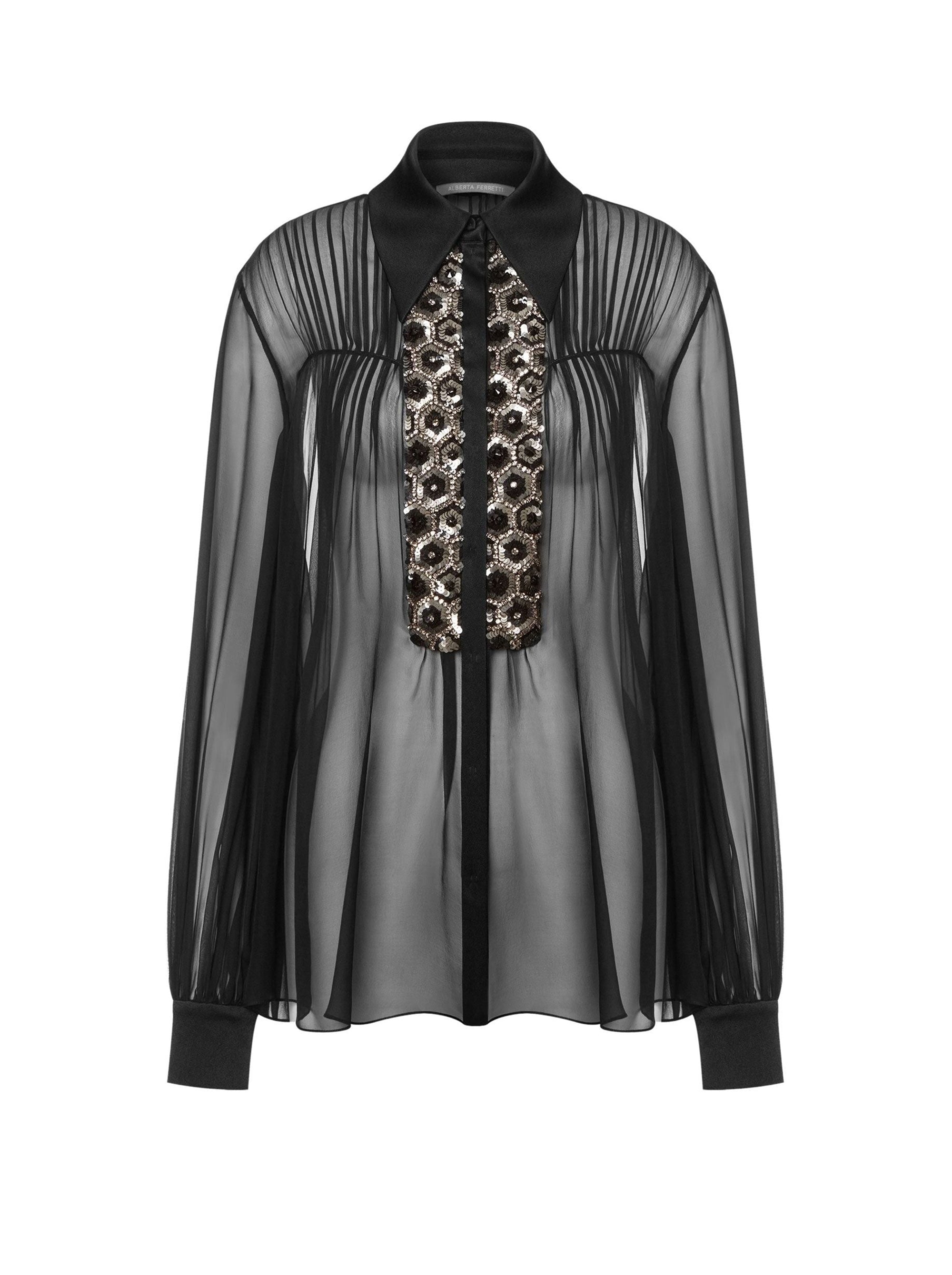Chemise en mousseline de soie avec paillettes et perles - Black
