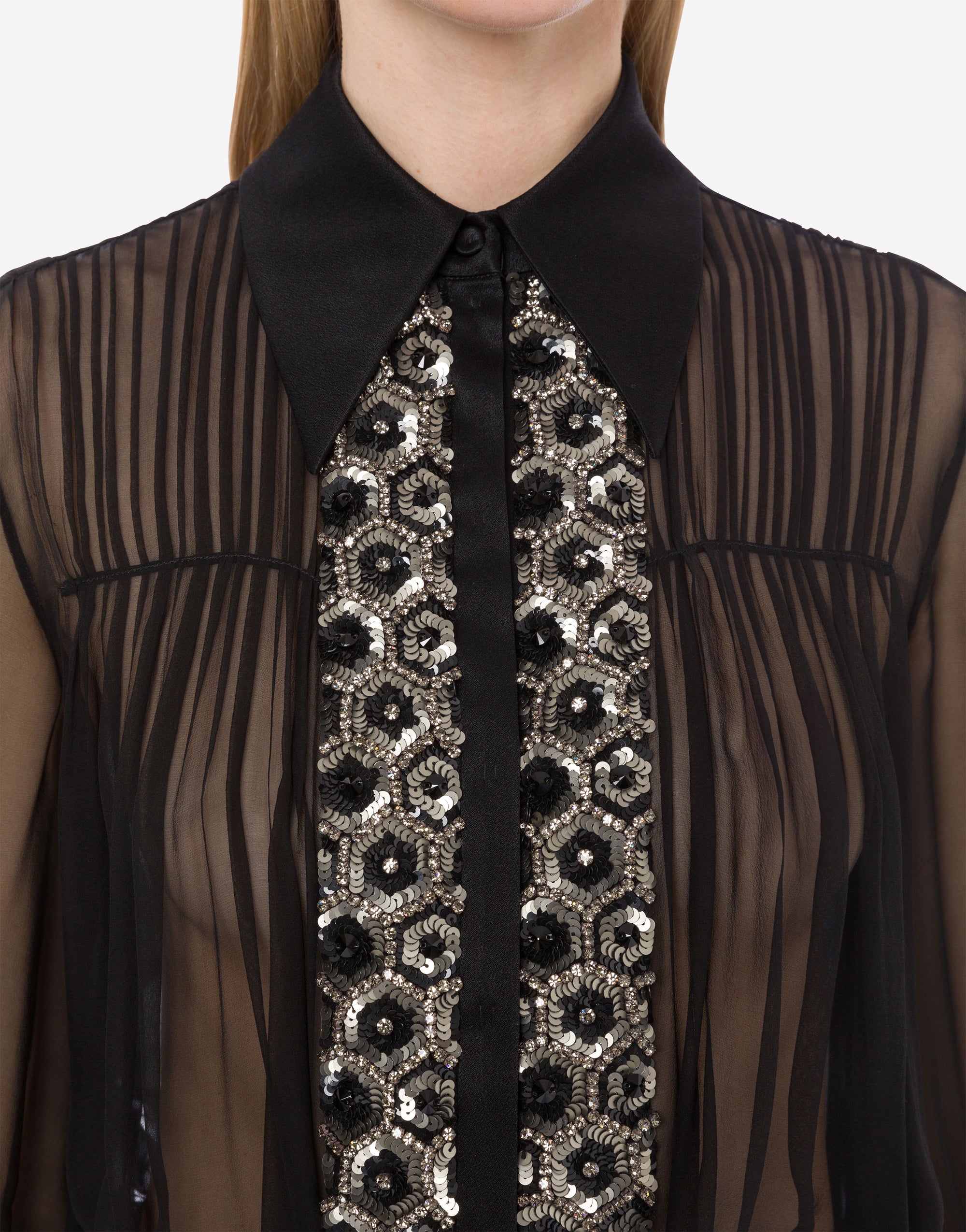 Chemise en mousseline de soie avec paillettes et perles - Black
