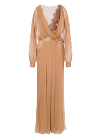 Robe longue en soie avec dentelle - Beige