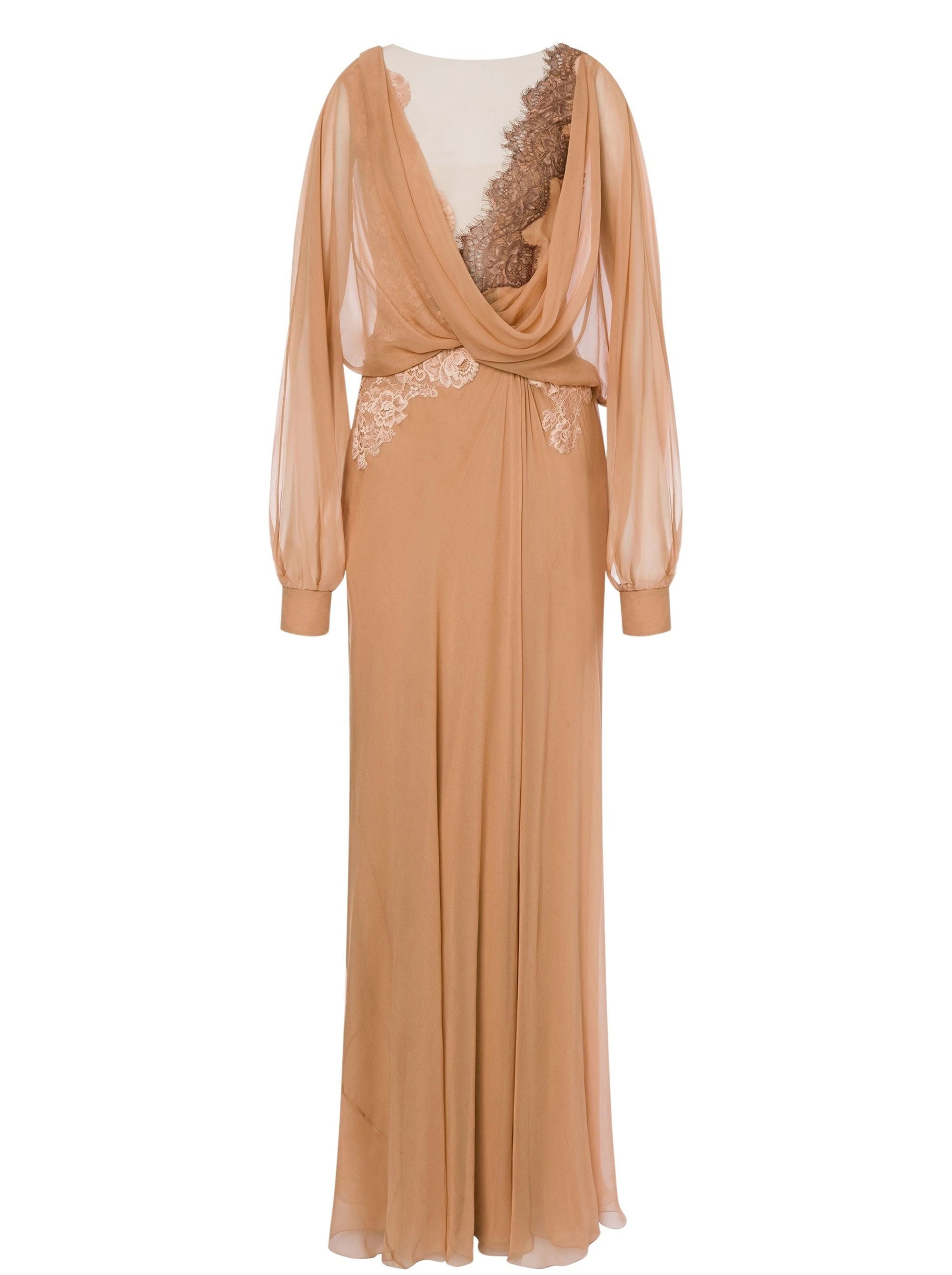 Robe longue en soie avec dentelle - Beige