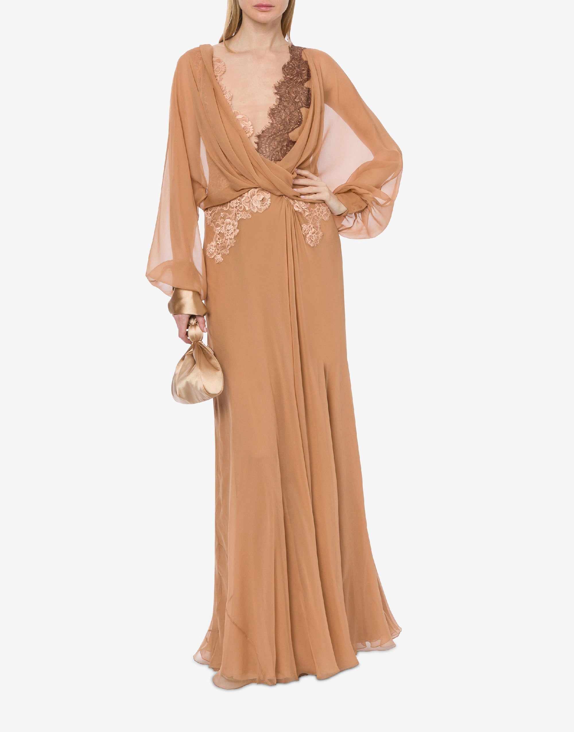 Robe longue en soie avec dentelle - Beige
