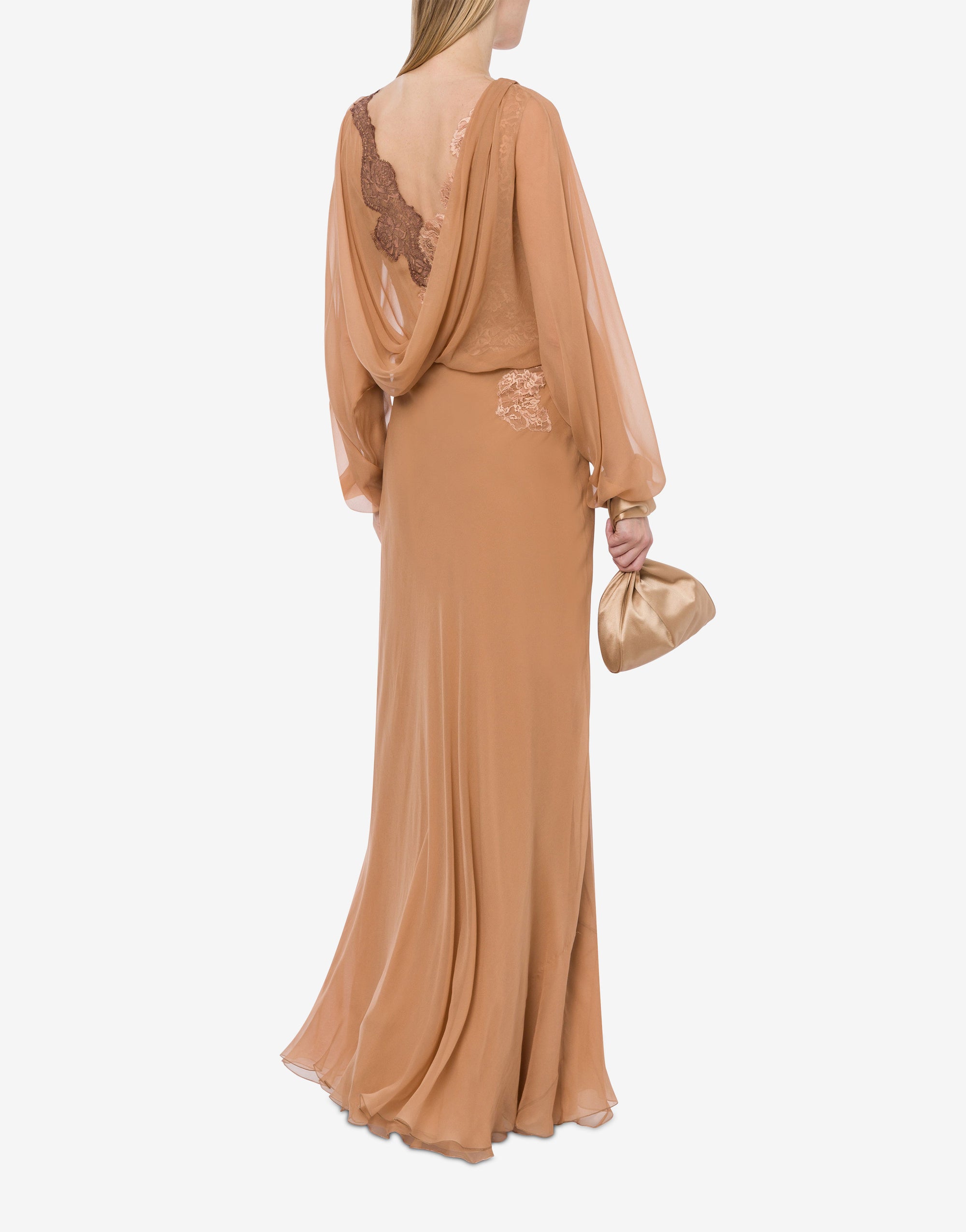 Robe longue en soie avec dentelle - Beige