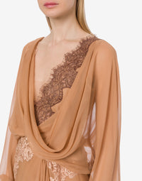 Robe longue en soie avec dentelle - Beige