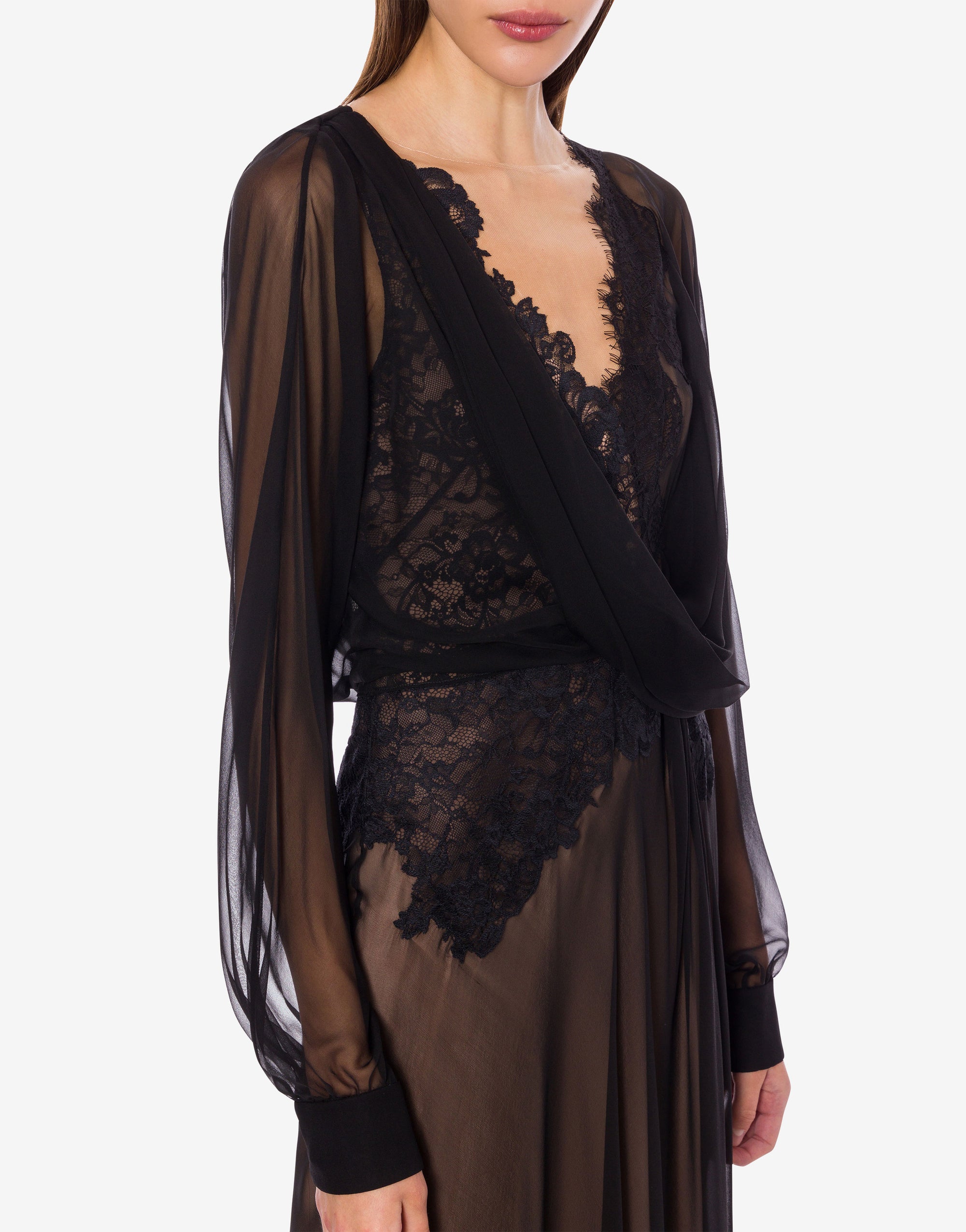 Robe longue en soie avec dentelle - Black