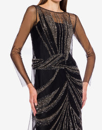 Robe longue en tulle avec broderie drapée - Black