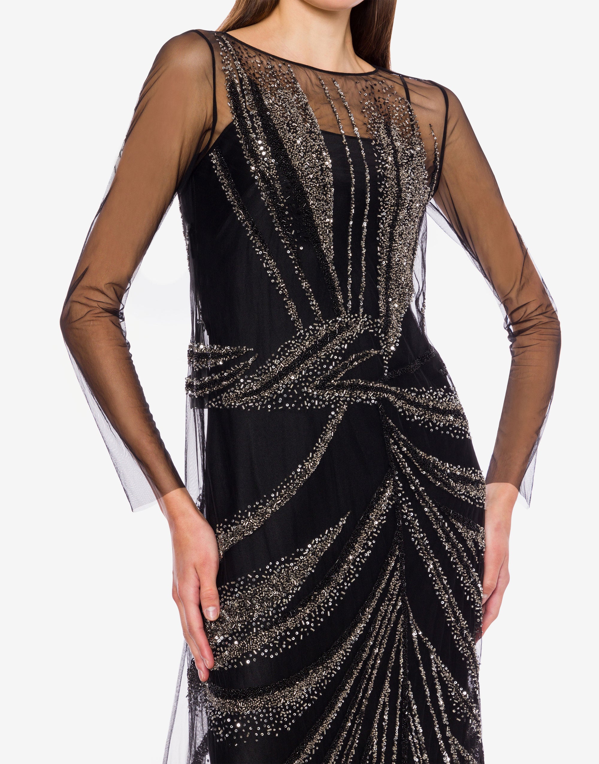 Robe longue en tulle avec broderie drapée - Black