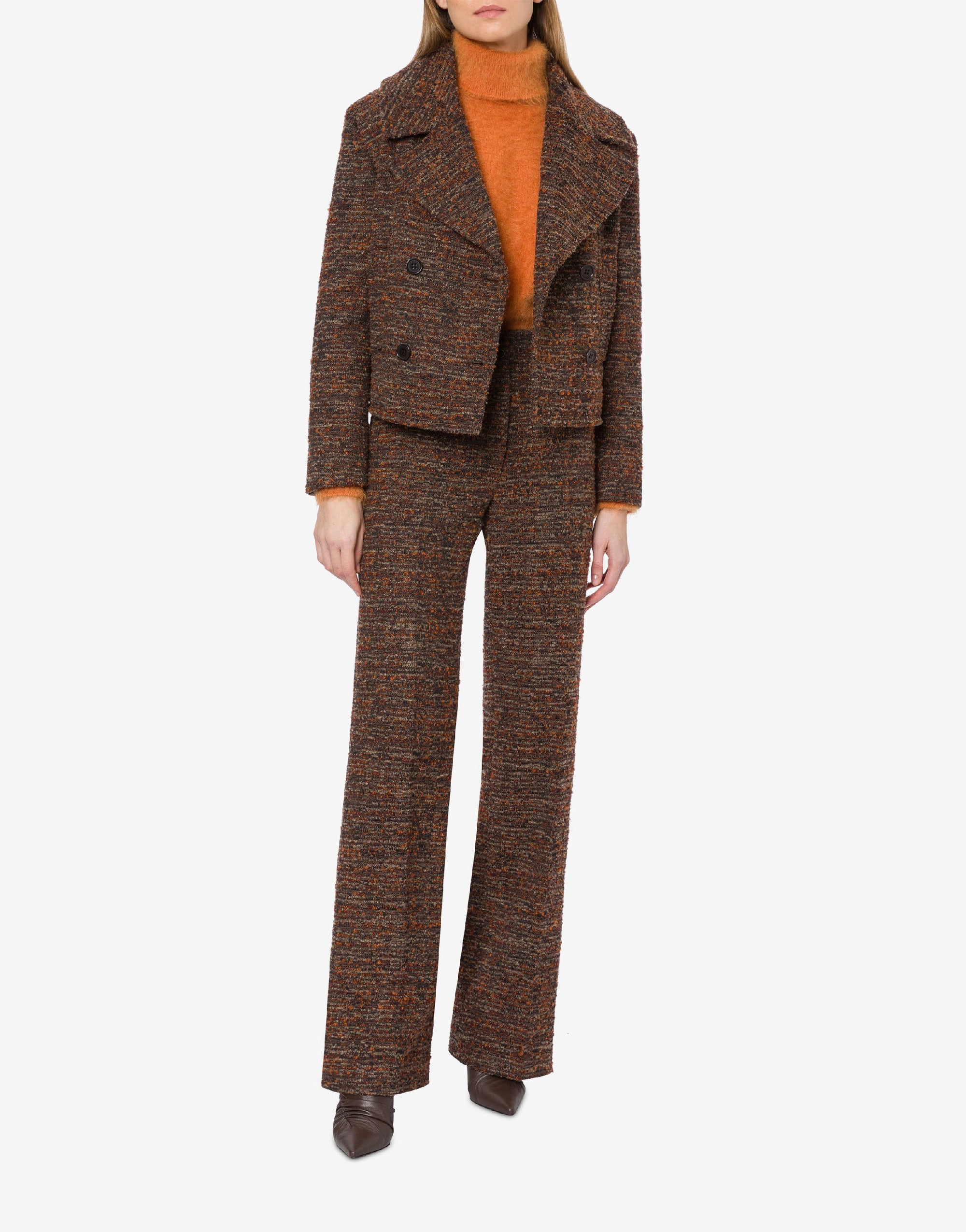 Manteau court en tweed boutonné - Brown